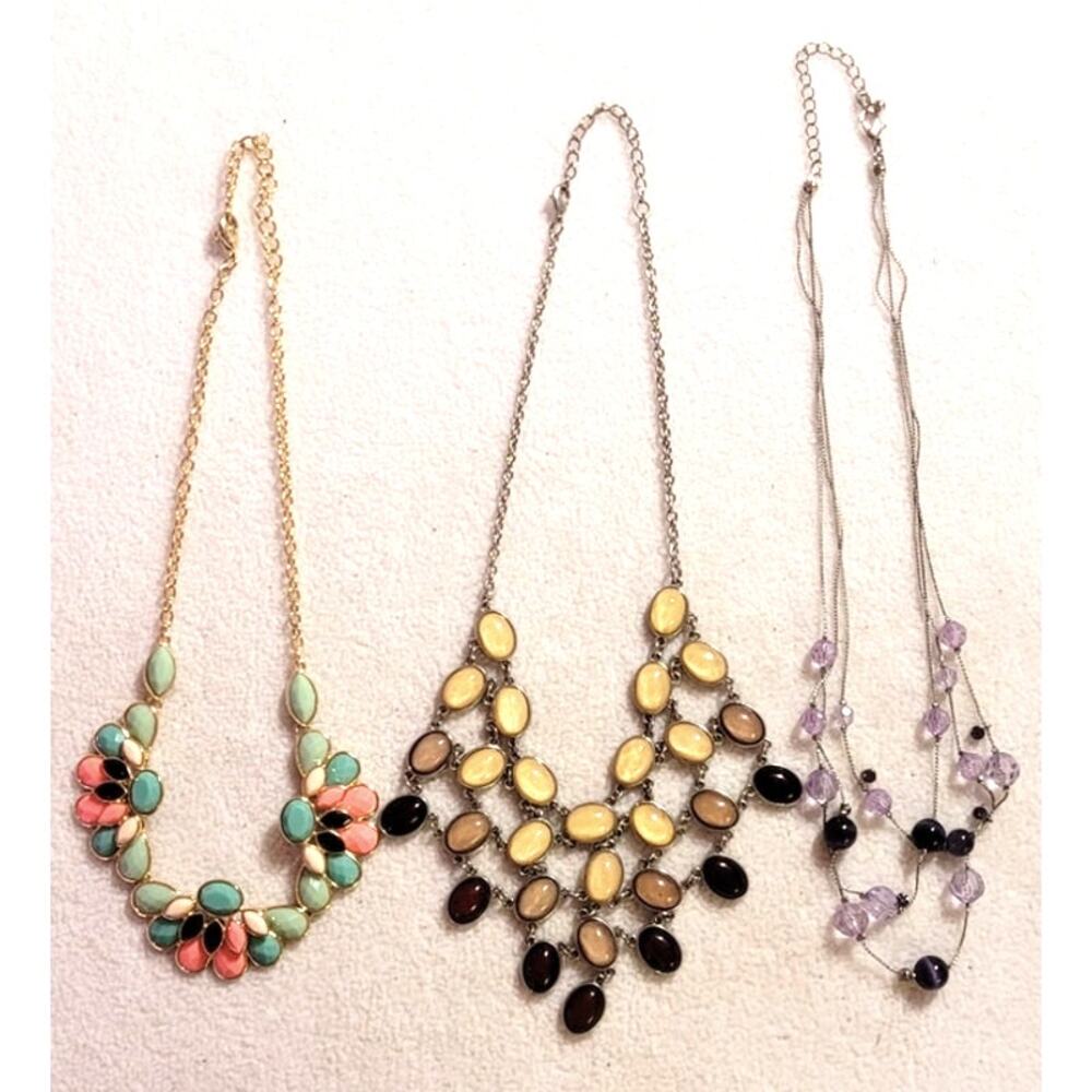 Lot of 3 Vtg Y2K Statement Necklaces Boho Bib Multistrand Pastel Purple Tans
